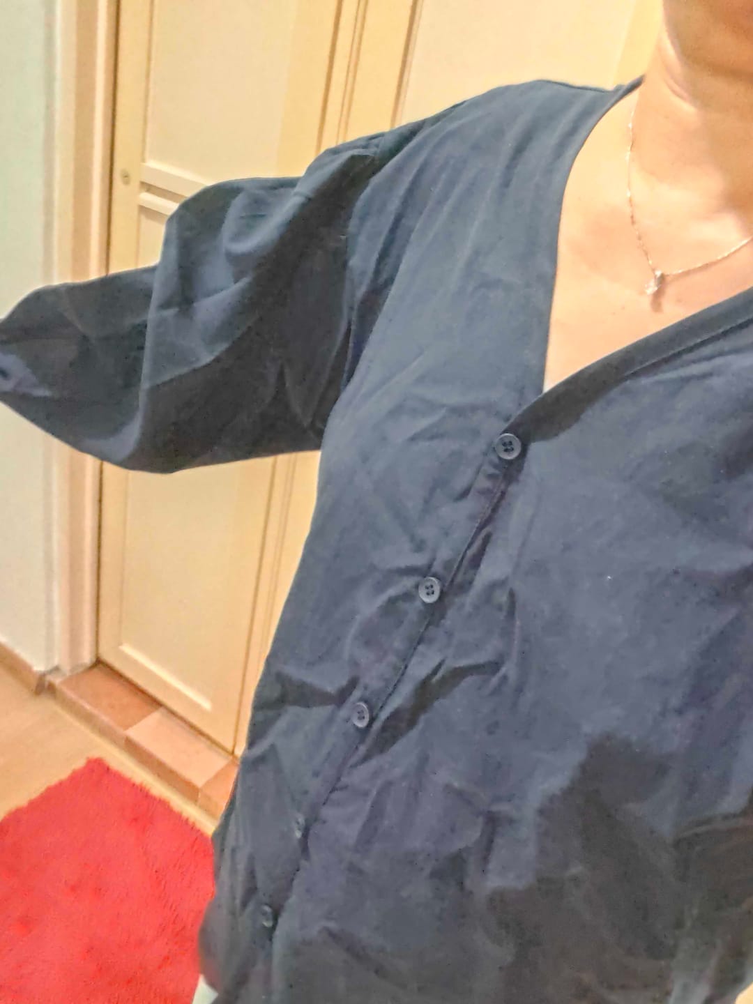 Customer photo review of V-Neck Puffed Long Sleeve Blouse – Relaxed Fit