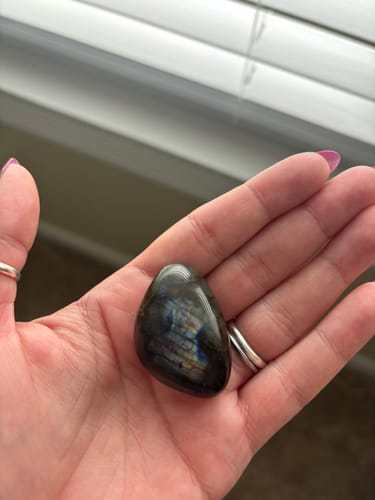 Customer holding a polished, dark labradorite crystal in their palm, showing its blue iridescence.