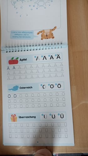 Rezensent zeigt das aufgeschlagene Übungsbuch für den Magischen Zauberstift mit Schreibübungen für die Buchstaben Ä, Ö und Ü.