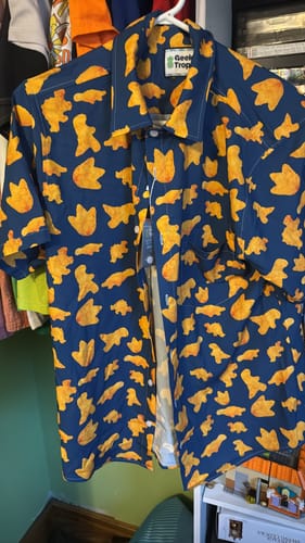 Customer photo review of Dinosaur Chicken Nuggets Blue Button Up Shirt