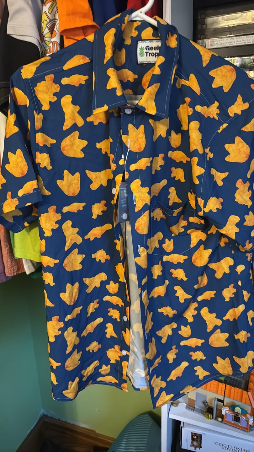 Customer photo review of Dinosaur Chicken Nuggets Blue Button Up Shirt