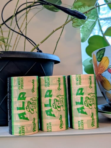 Reviewer's three 5-pack sleeves of Spearmint Nicotine Pouches standing on a white shelf.