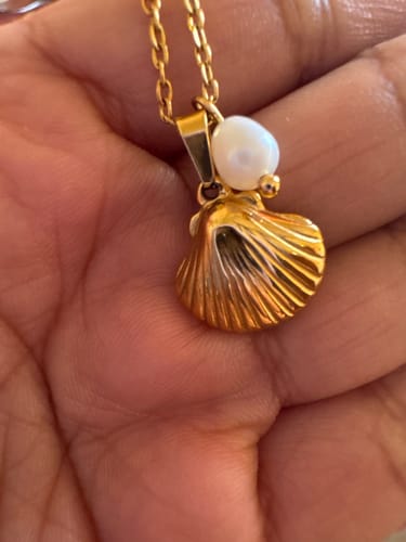 Customer photo review of Golden Seashell Pendant with Pearl Drop Necklace