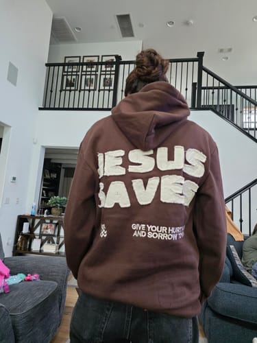 Customer photo review of Jesus Saves Patchwork Hoodie
