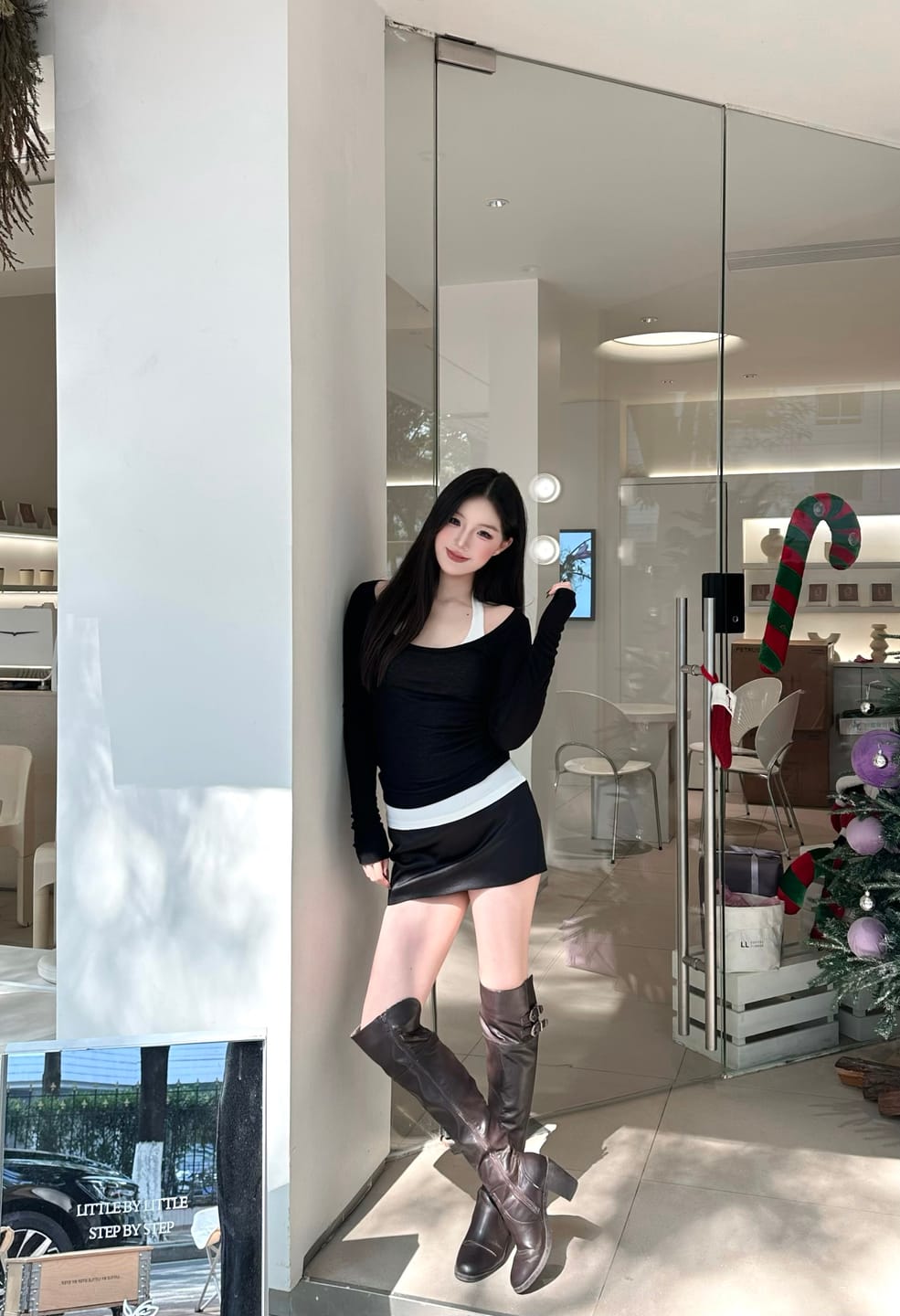 Customer photo review of ROVENTE Layered Long Sleeve Top and Fitted Mini Skirt Two-Piece Set