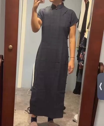Customer photo review of Tang Mi 糖蜜 Molasses Republic of China Navy Plaid Pure Cotton Short Sleeve Qipao