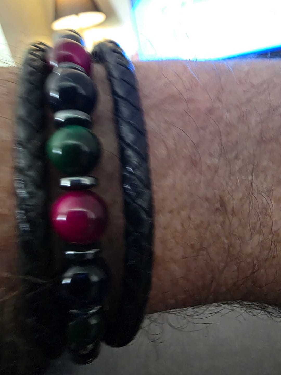 Customer photo review of Buddha Stones Tiger Eye Lava Rock Hematite Black Onyx Bead Positive Leather Bracelet