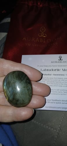 Customer holding a smooth, dark Labradorite crystal from their VIP Crystal Club subscription.