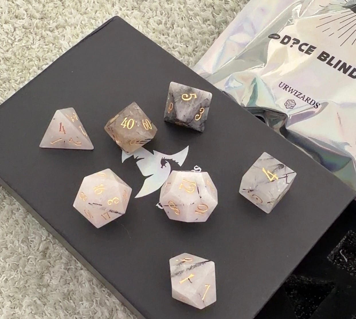 Customer photo review of URWizards D&D Black Rutilated Quartz Gemstone Engraved Dice Set(Limited edition)