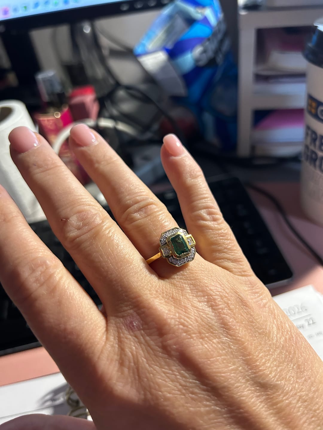Customer photo review of Grecian Octagon Emerald Halo Ring