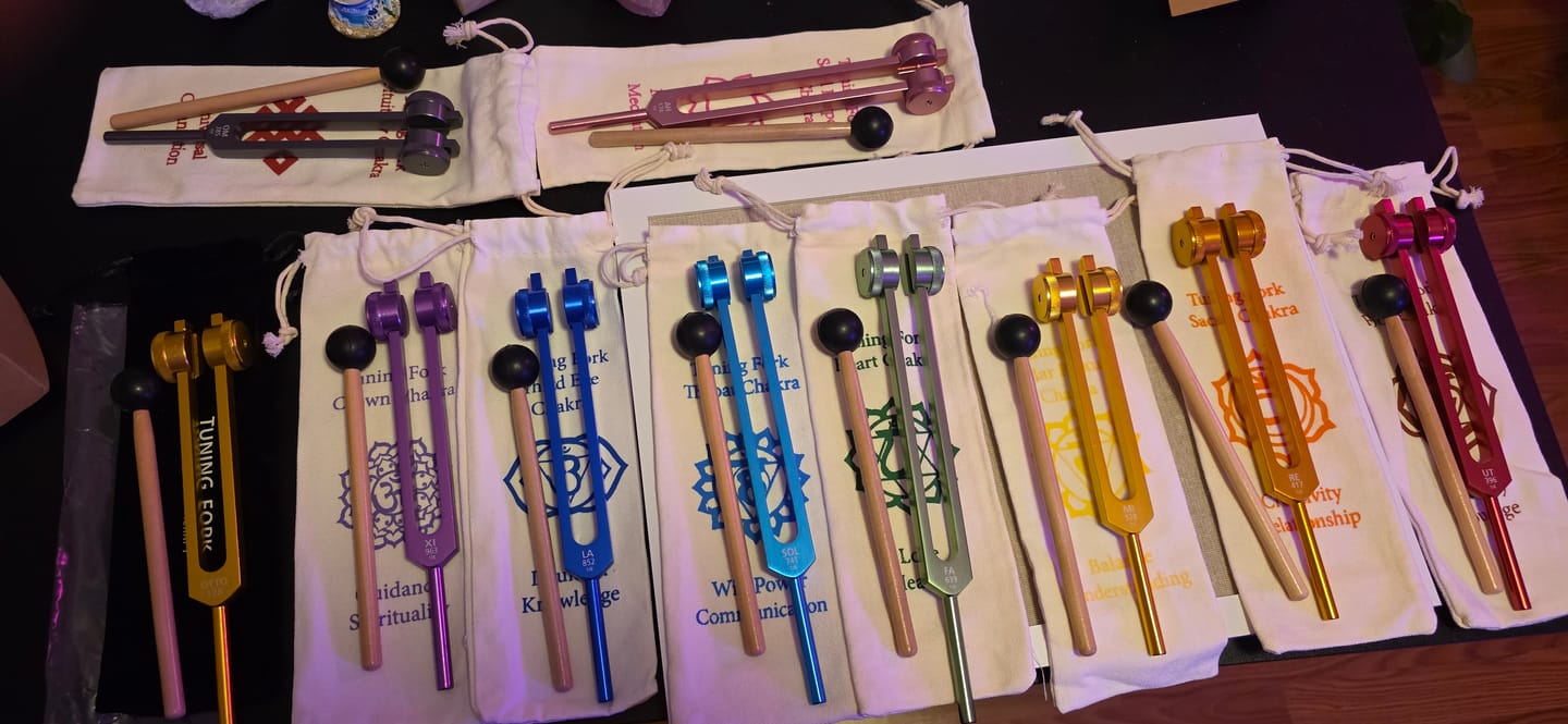 Customer photo review of Professionally Tuned Solfeggio Forks 9pc Set - Chakra Engrams