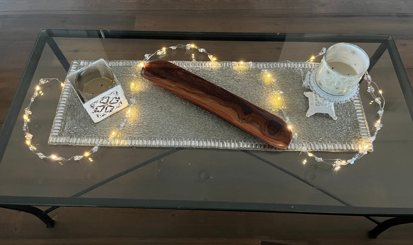 Customer photo review of Glam Crystal Bead Embroidered Table Runner in Cream Silver
