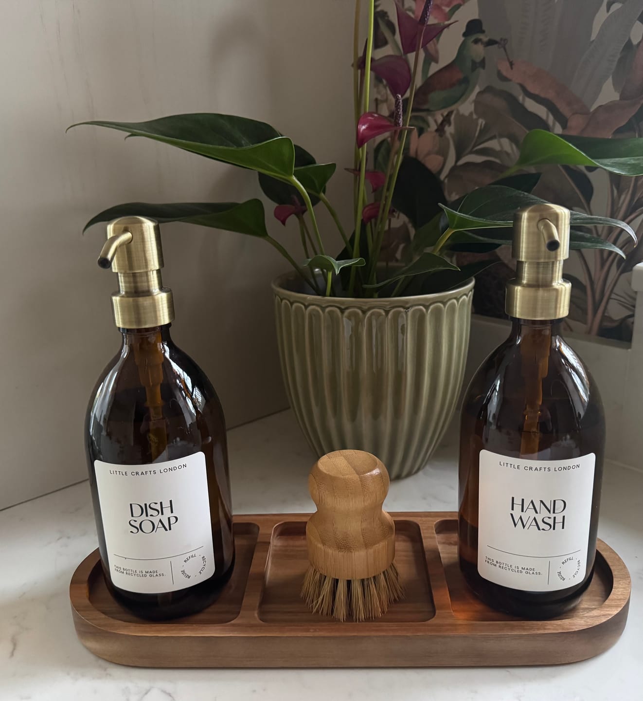 Customer photo review of Set of 2 Amber Glass Bottles 500 ML Long tray & Dish Brush
