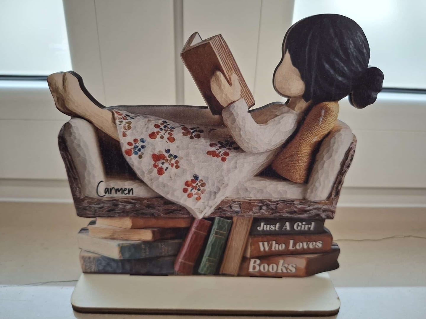 Customer photo review of Man Woman Book Lover Reading Book On Sofa - Personalized Standing Wooden Plaque