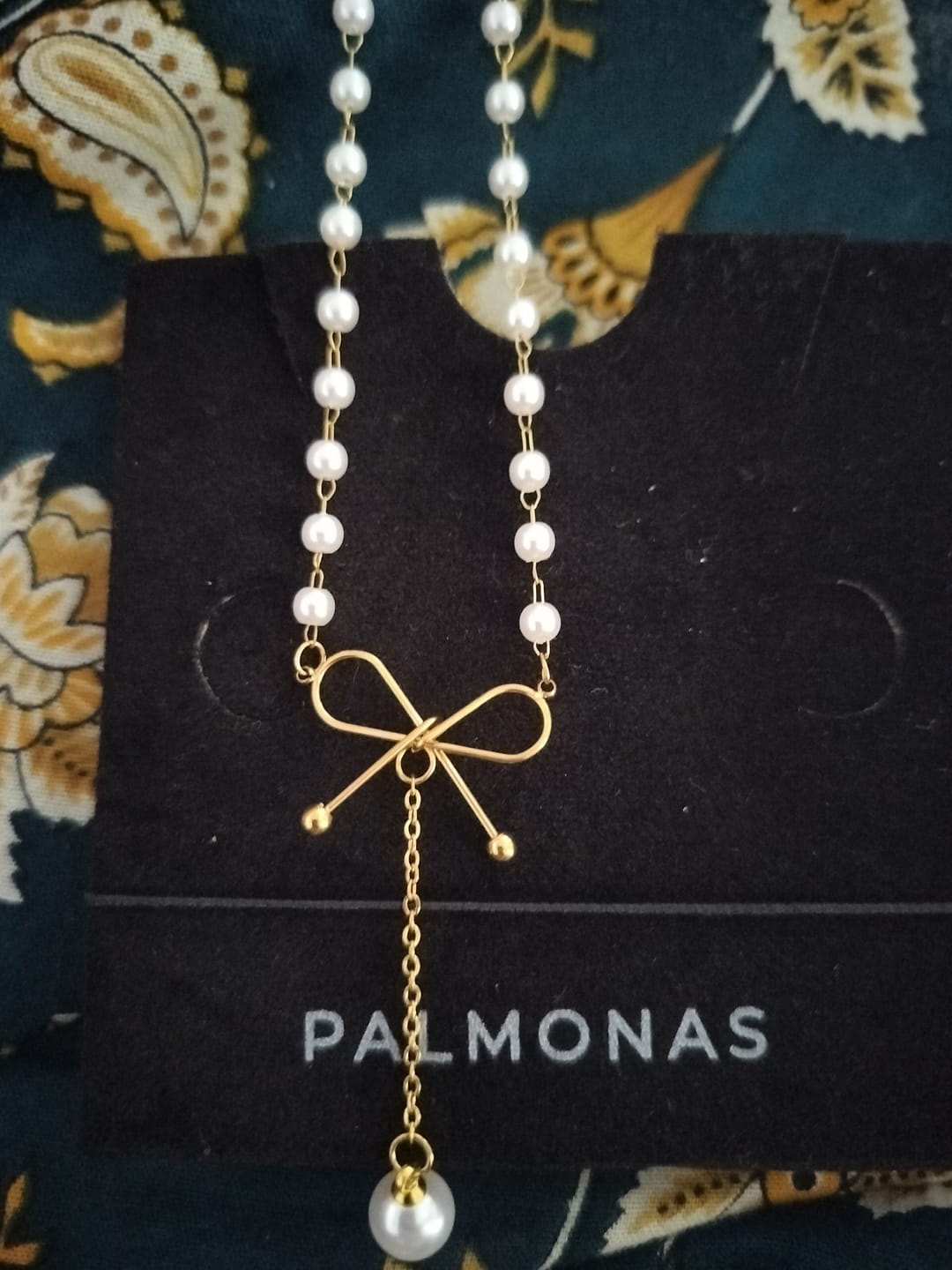 Customer photo review of Pearl Drop Bow Pendant Necklace