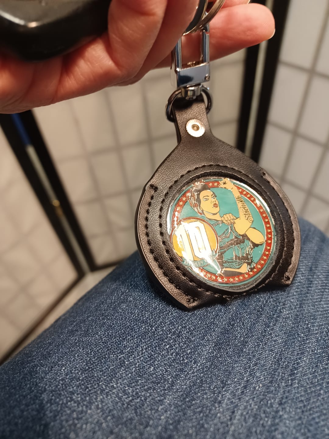 Customer photo review of Sobriety Mint Genuine Leather 40mm AA Medallion Keychain Holder - Recovery Chip/Coin/Token Holder - Black