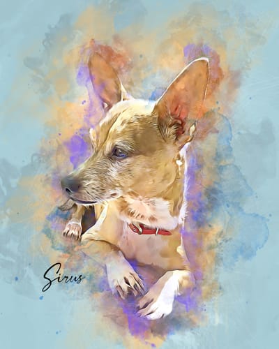 Customer's custom watercolor pet portrait of a tan dog named Sirus, with splashes of blue, orange, and purple.