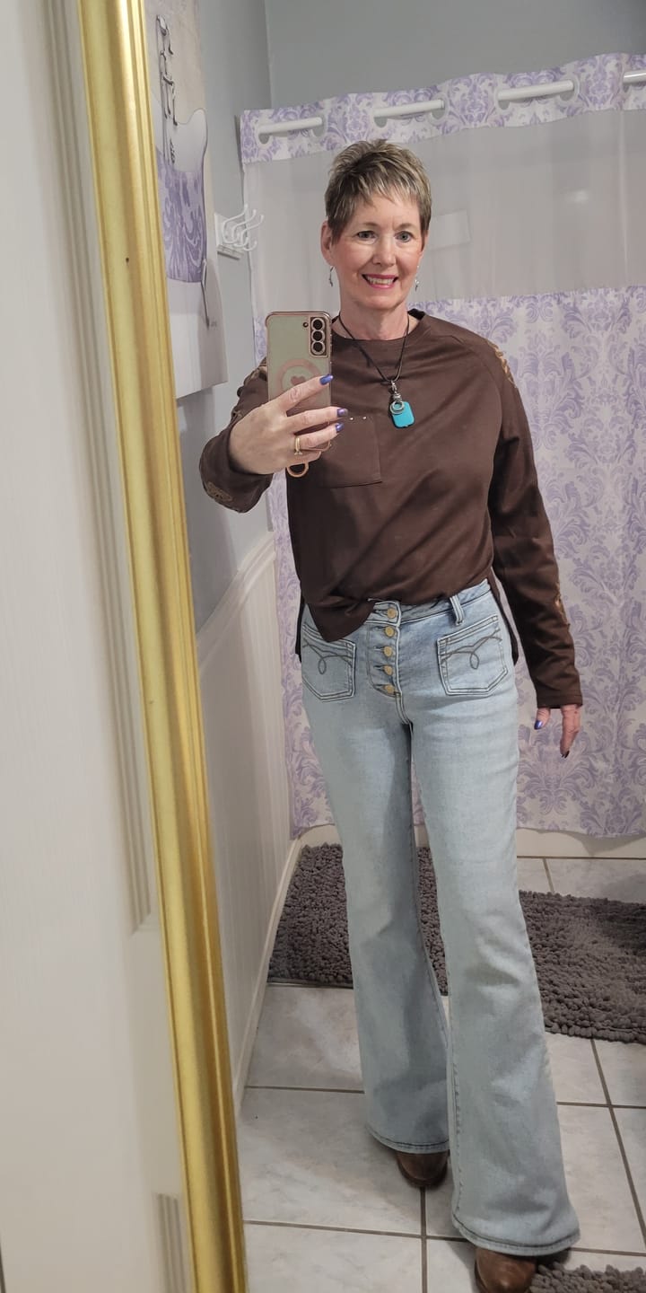 Customer photo review of Judy Blue Mid Rise Button Fly Flares With Embroidered Pockets