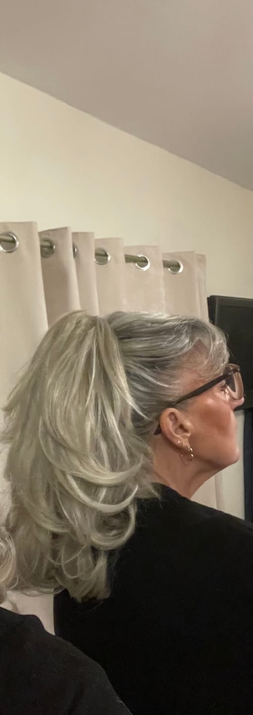 Customer photo review of Stranded Medium Flicky Clip-on Ponytail - Colour #112/600 Luna Sky