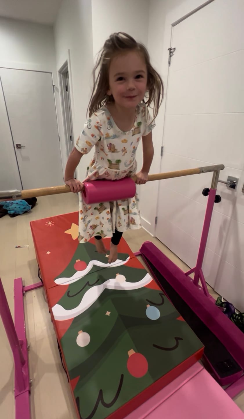 Customer photo review of Kangaroo Hoppers Foldable Gymnastics Tumbling Cheese Wedge Mat (L) – Christmas Tree Design