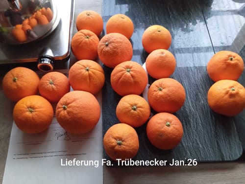 Ein Kunde zeigt die frisch gelieferten Bio-Orangen aus der Mixbox auf einer dunklen Arbeitsplatte.