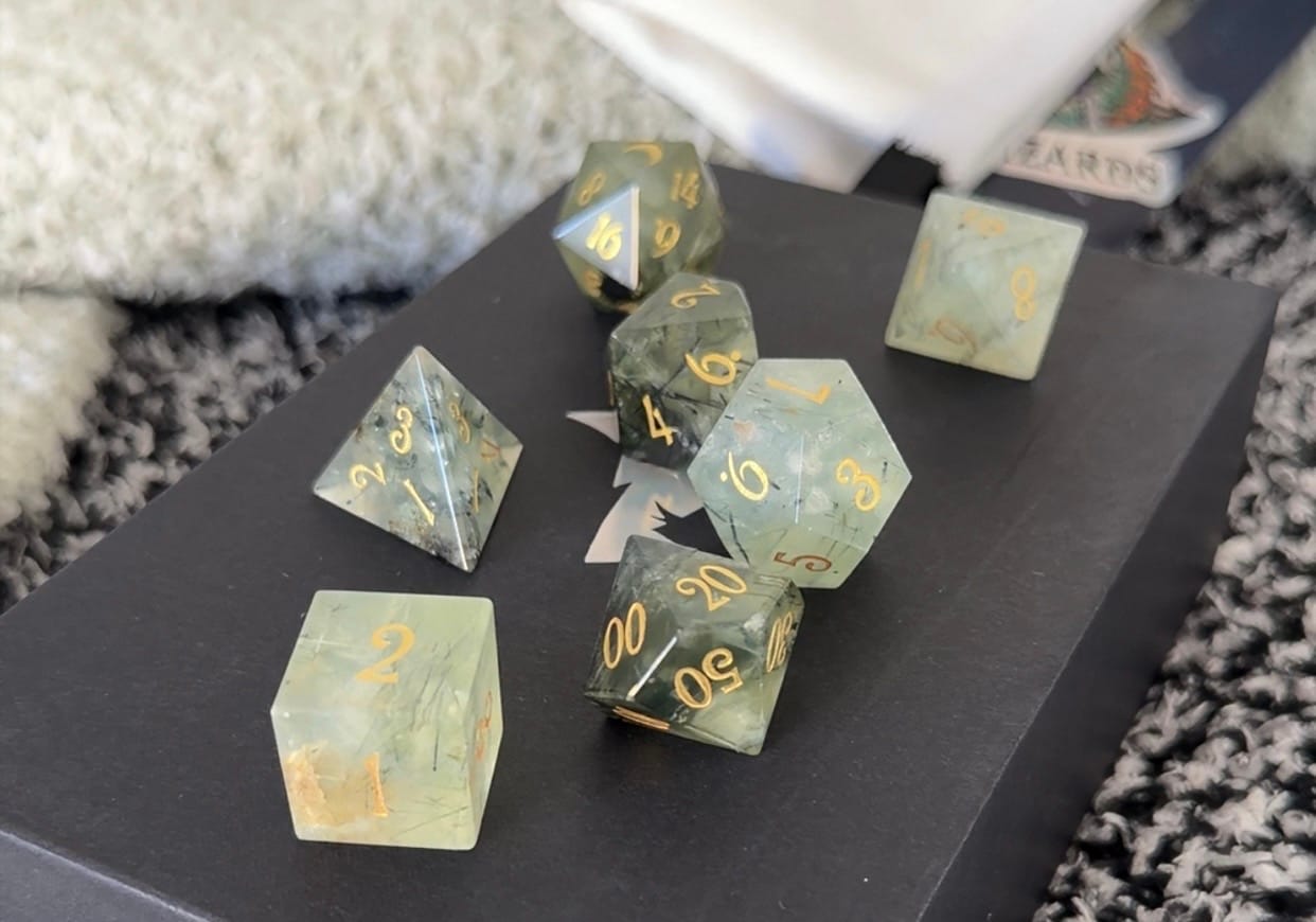 Customer photo review of URWizards D&D Prehnite Gemstone Engraved Dice Set(Limited edition)