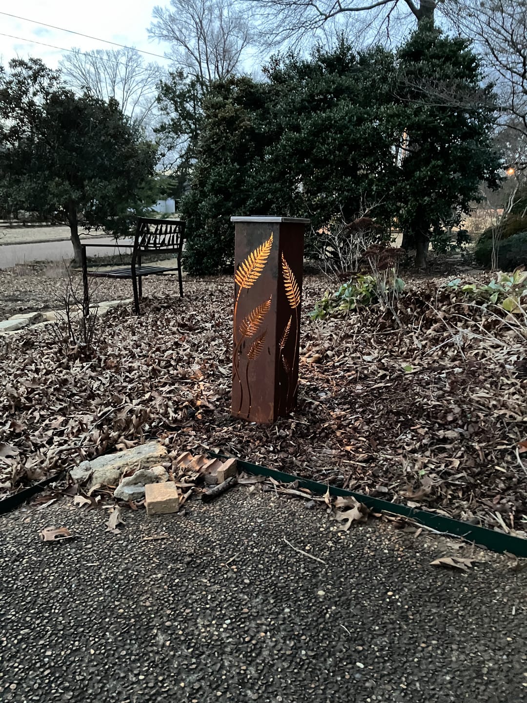 Customer photo review of Fern with Stem Garden Columns  – Metal Outdoor Sculpture & Well Cover – Rustic Steel Garden Decor