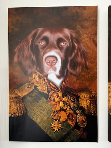 Klant toont een close-up van een prachtig Napoleon-portret van een bruine hond in een historisch uniform.