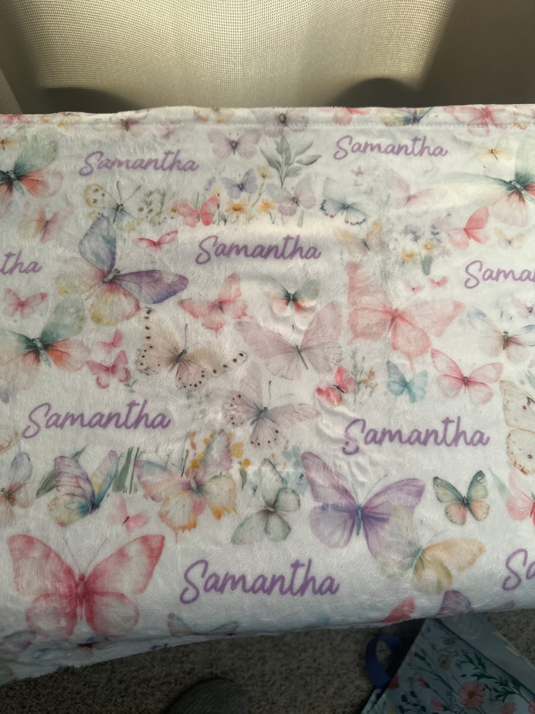 Customer photo review of Butterflies rainbow personalized baby girl blanket