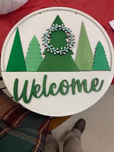 Customer photo review of Unfinished Welcome Etched Tree Door Sign Kit | Wood Craft Cutouts | 1/4" Thick |