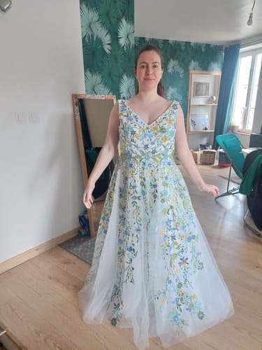 Customer photo review of V Neck Sleeveless Colorful Floral Applique Long Wedding Dress