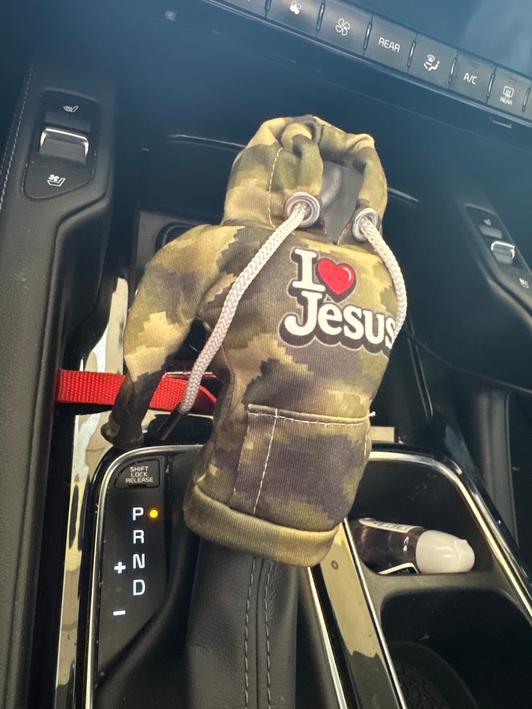 Customer photo review of FREE Today: I Love Jesus Hoodie Gear Shift Cover: Your Unique Faith, On the Road
