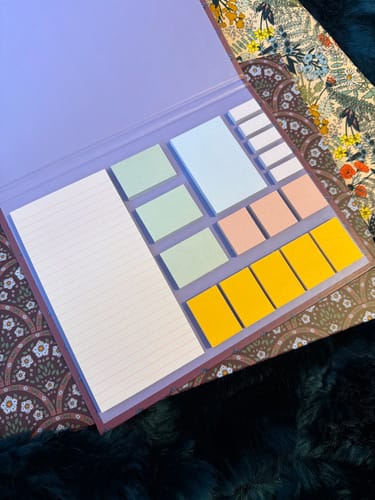 Customer's open Sticky Note Set displaying a variety of colorful sticky notes in different sizes.