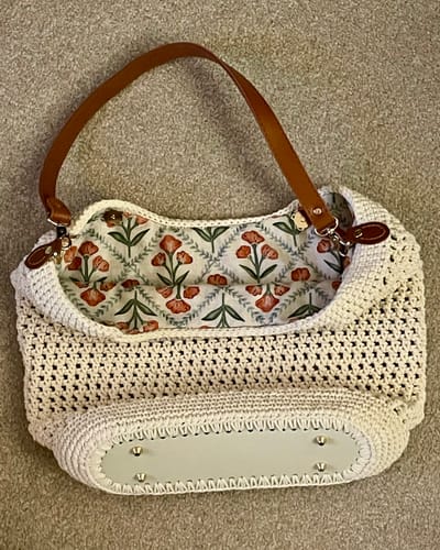 Reviewer's completed Sunny Beach Tote, showing the custom brown strap and floral lining.