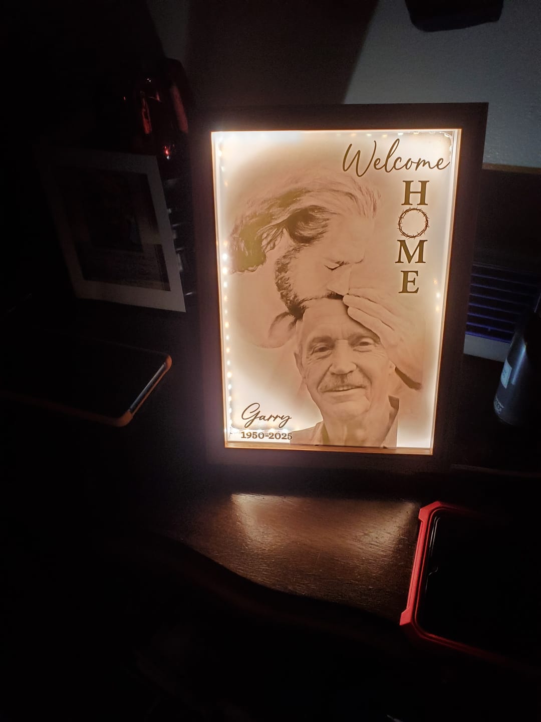 Customer photo review of Personalized Photo Memorial Welcome Home, Safe In Arms Of Jesus Sympathy Gift Loss Loved One Frame Light Box