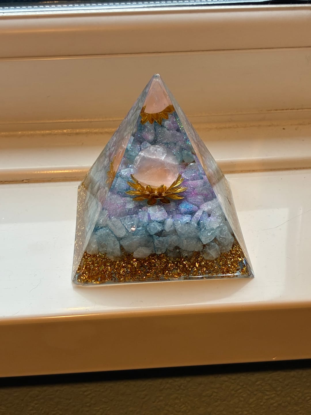 Customer photo review of Olivenorma Aquamarine Rose Quartz Lotus Symbol Orgone Pyramid