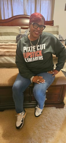 Customer photo review of Pixie, Lipstick, & Sneakers Sweatshirt (Green)