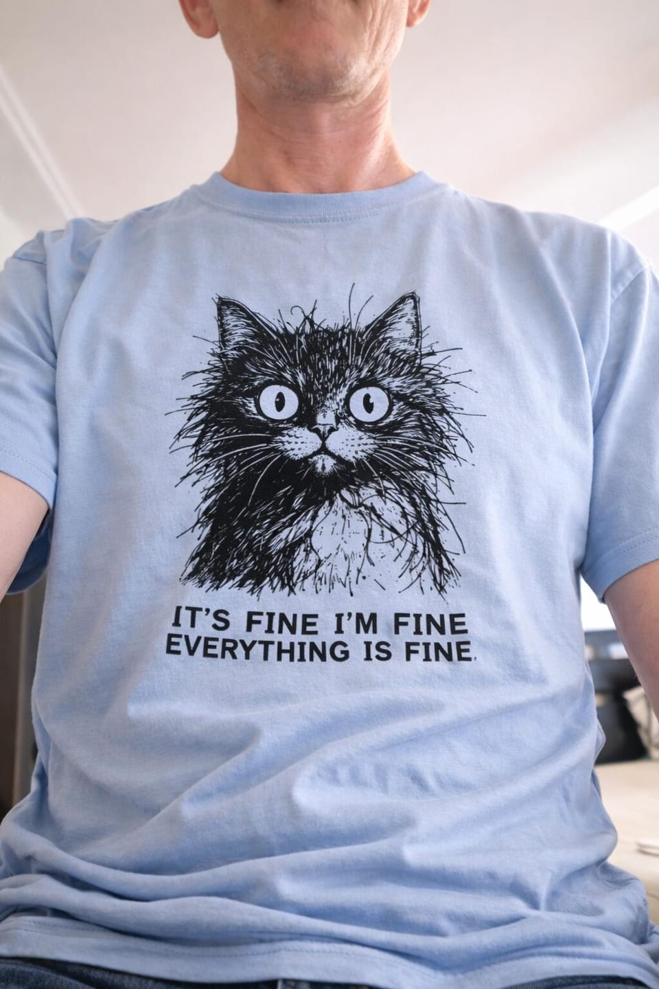 Customer photo review of It's Fine I'm Fine Everything Is Fine Cat T-Shirt