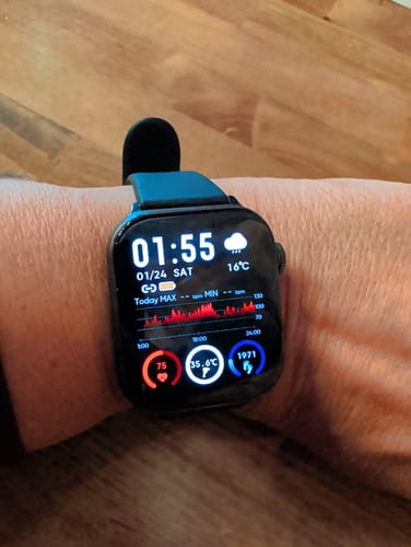 Customer's Gard Pro Health Smartwatch 3 on their wrist, with the active screen showing detailed health and activity metrics.