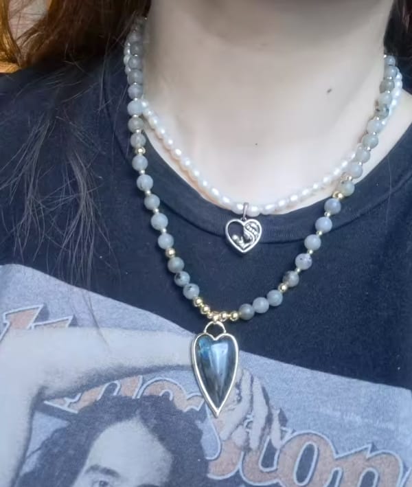 Customer photo review of Natural Labradorite With Heart Pendant Bead Necklace