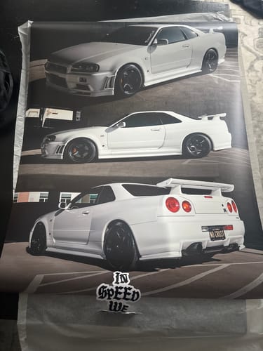Customer's poster of a white R34 GT-R, showing the car from three different angles.