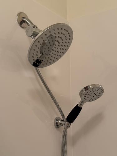 Customer's 3-Spray Dual Shower Head Set installed, showing the rain head and handheld in a separate lower holder.