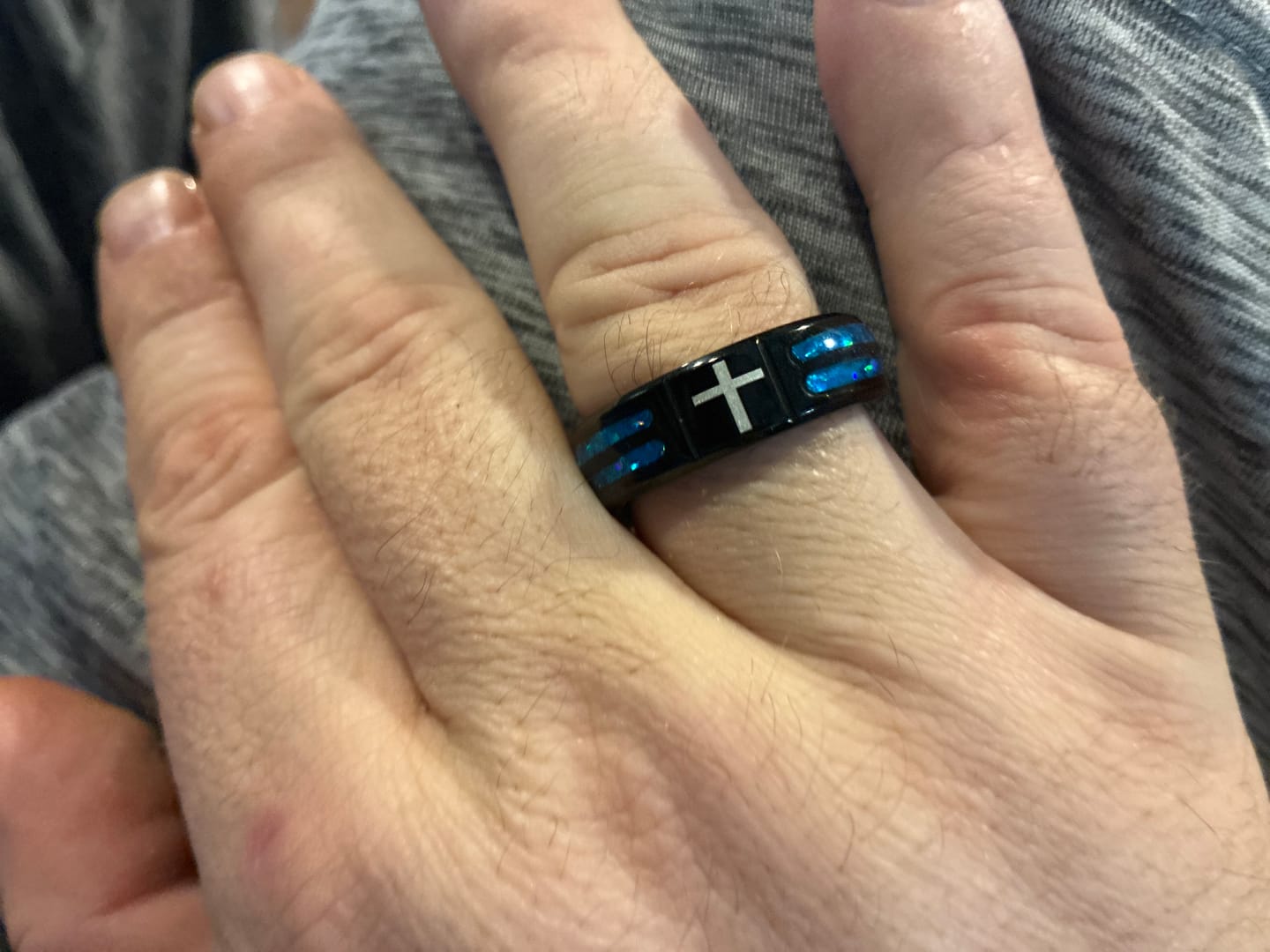 Customer photo review of FREE Today: Modern Titanium Steel Cross Ring with Laser Blue Inlay: Serenity in Christ's Blue Light