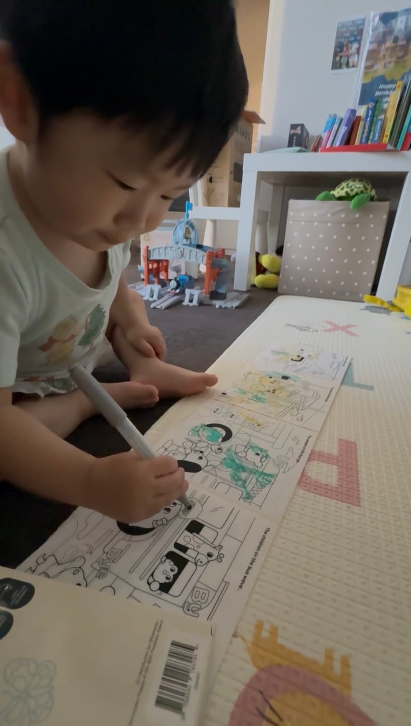 Customer photo review of Wheels On The Bus Tales - Reusable Colouring Book