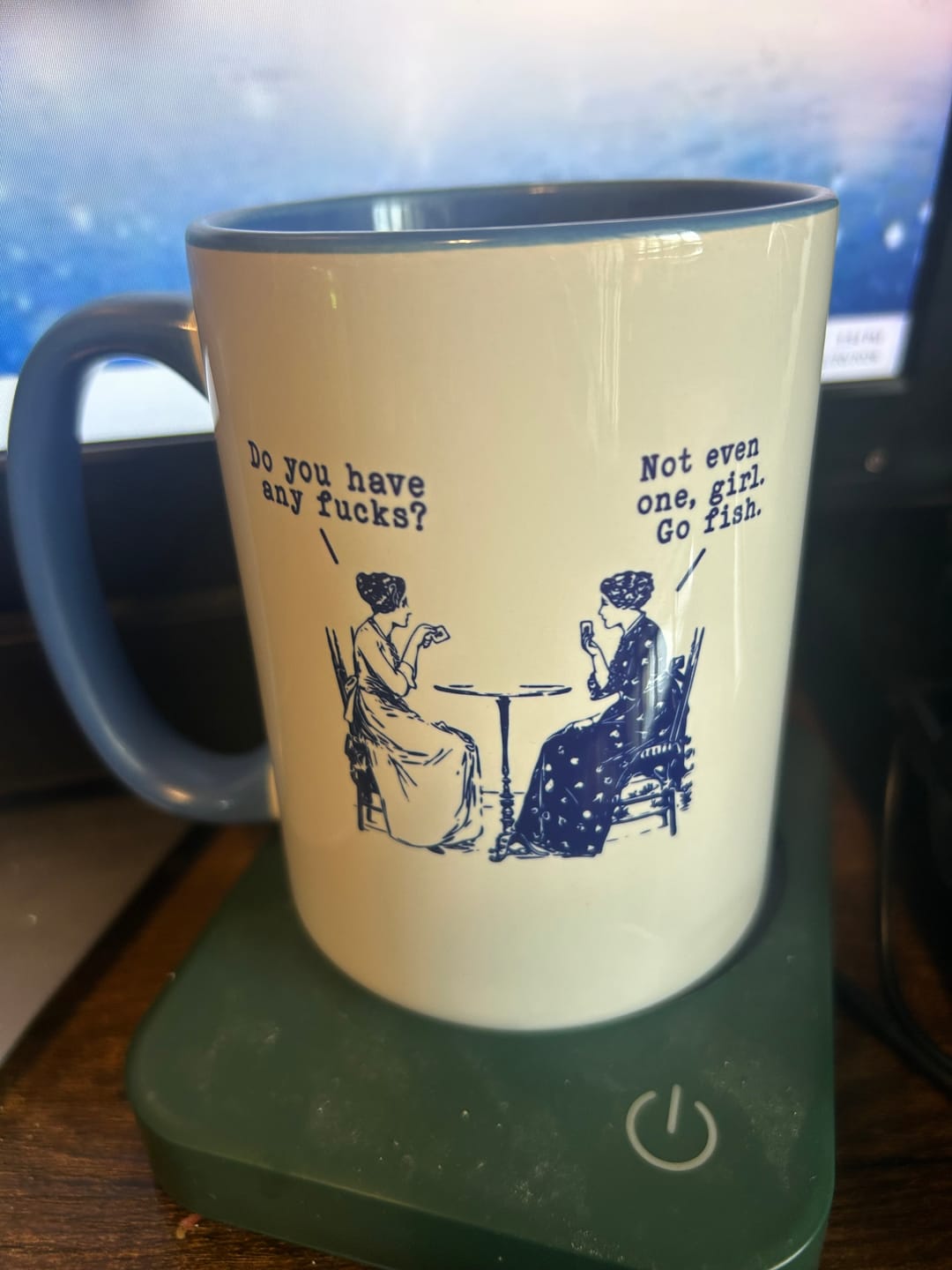 Customer photo review of Do You Have Any Fucks? Not Even One, Girl. Go Fish 15 oz Mug