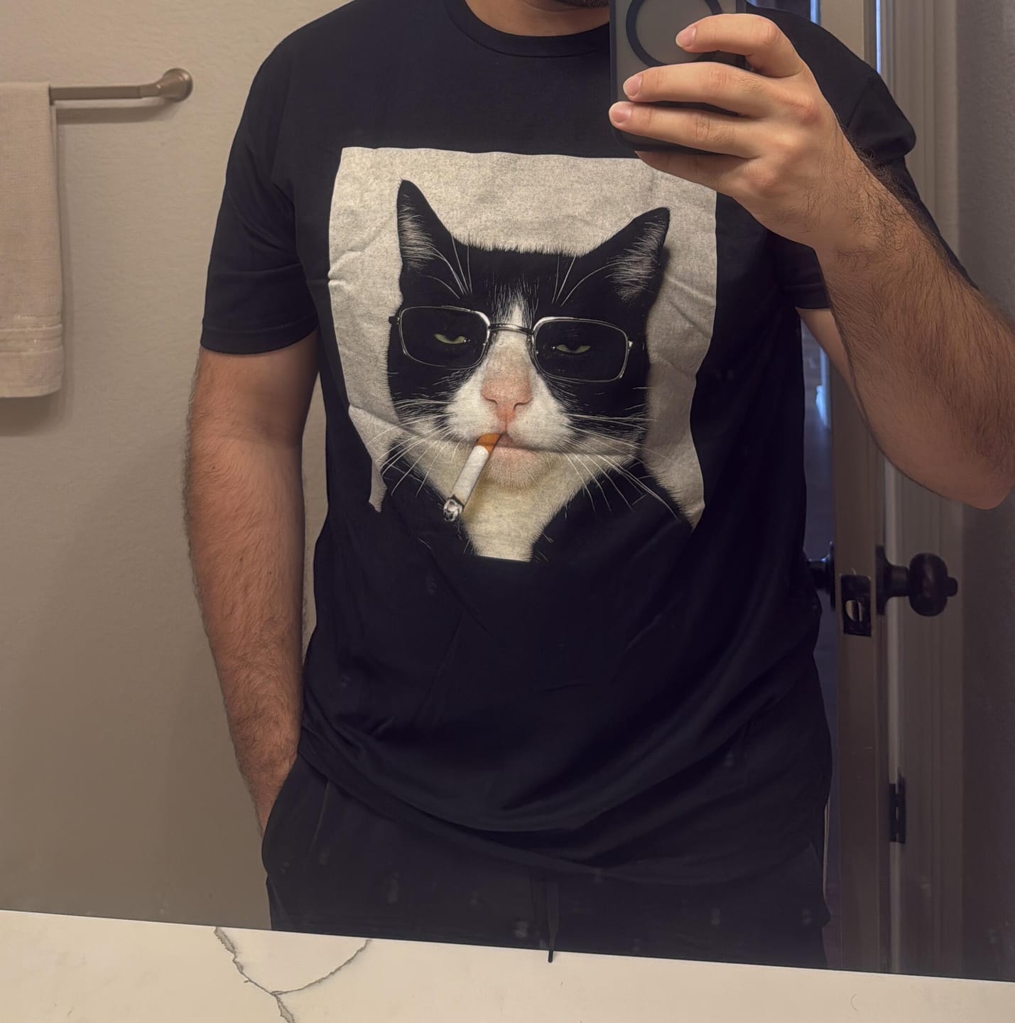 Customer photo review of Funny Cat Smoking Meme Shirt