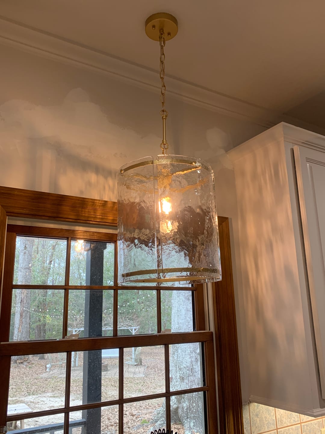 Customer photo review of Farmhouse Clear Textured Glass Cylinder Cage Pendant