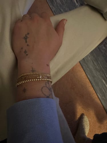 Customer photo review of birthstone + gabi curb + juno bead (3mm) bracelet stack