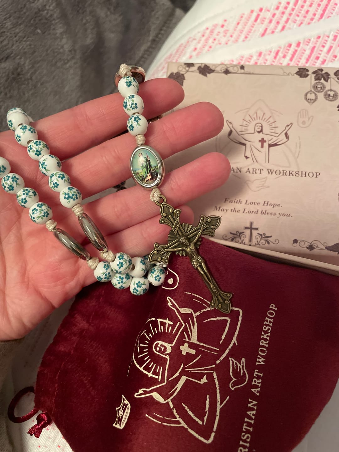 Customer photo review of FREE Today: Christianartworkshop Graceful Green Floral Beads Marian Rosary with St. Jude Charm