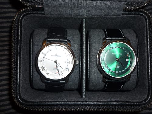 Reviewer's silver and green Oceaneva OceanTrek GMT watches side-by-side in a black zippered travel case.
